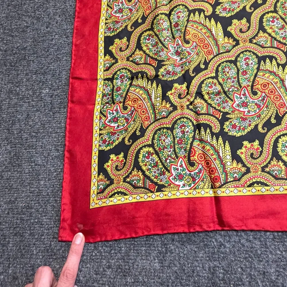 Vintage Echo Silk Scarf Red Border Paisley Square Hand Rolled Wrap Cottagecore